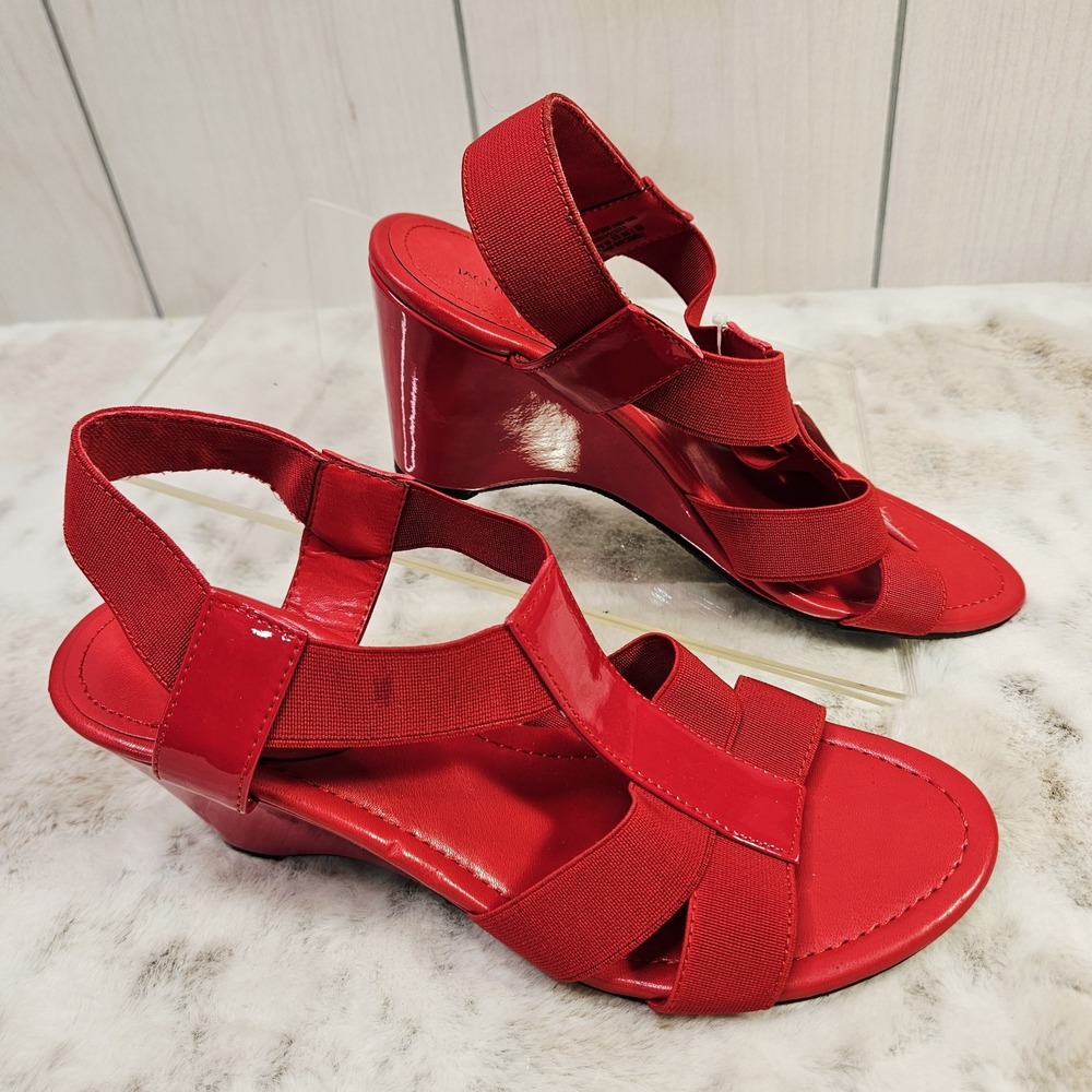 Jaclyn Smith Red Elba Patent Elastic Wedge Sandals 7.5 Pinup Retro Summer Shoes